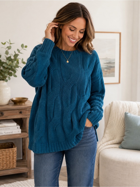 J.Jill Sweaters - J. Jill Women’s Chenille Cable Knit Sweater M Teal Blue Chunky Crewneck